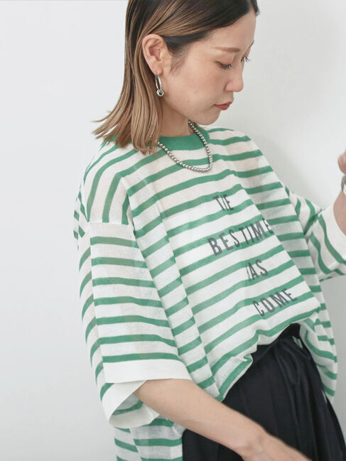 Samansa Mos2 blue「ボーダーロゴニットプルオーバー」|ニット・セーター|