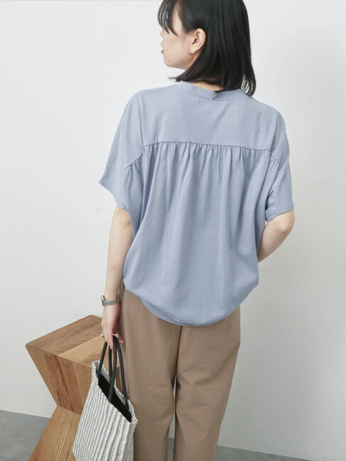 Samansa Mos2 blue「【接触冷感】ドルマンギャザー刺繍Tシャツ」|Tシャツ・カットソー|
