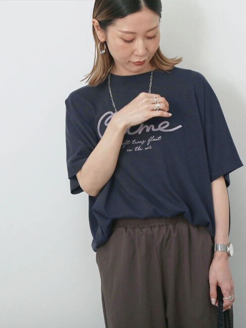 Samansa Mos2 blue「【接触冷感】ドルマンギャザー刺繍Tシャツ」|Tシャツ・カットソー|