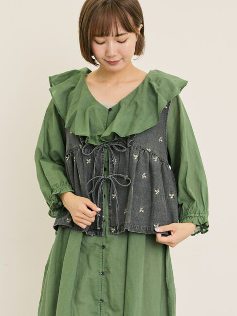 Samansa Mos2「刺繍デニムベスト」|ダウンベスト・ベスト|ブラック