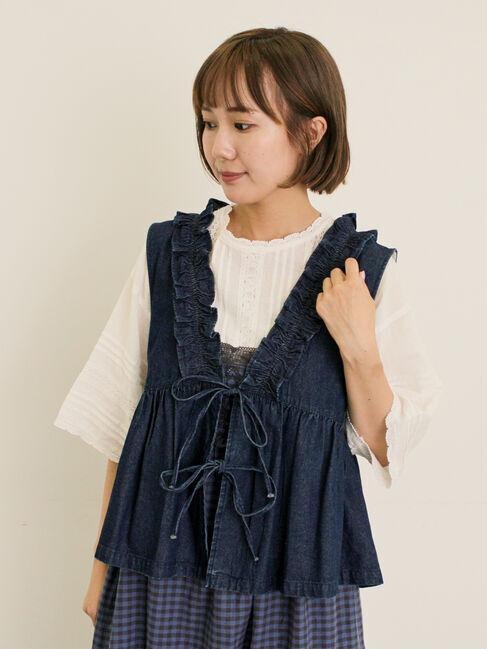 Samansa Mos2「刺繍デニムベスト」|ダウンベスト・ベスト|