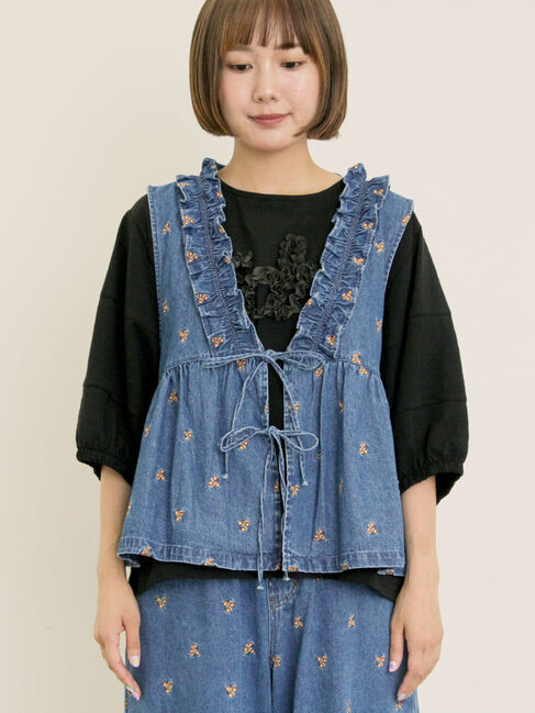 Samansa Mos2「刺繍デニムベスト」|ダウンベスト・ベスト|