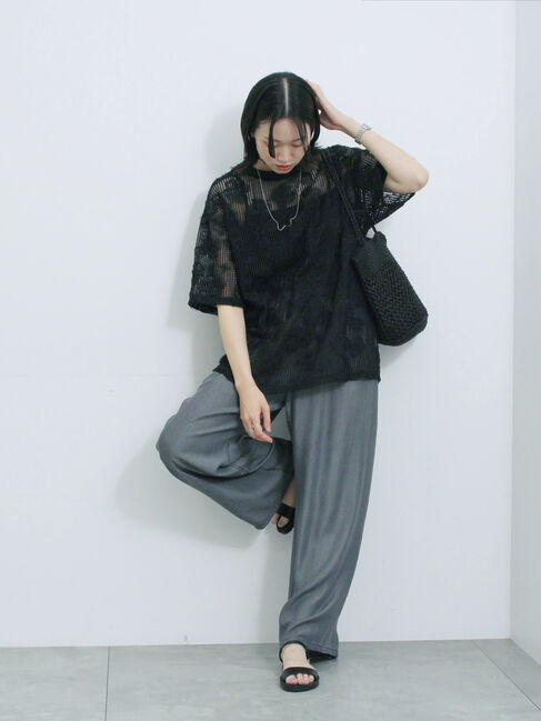 Samansa Mos2 blue「チュールフラワーコードTシャツ」|Tシャツ・カットソー|