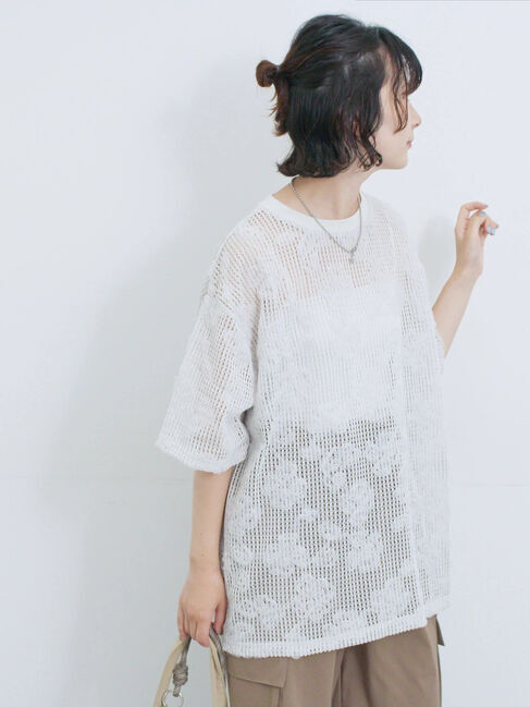 Samansa Mos2 blue「チュールフラワーコードTシャツ」|Tシャツ・カットソー|