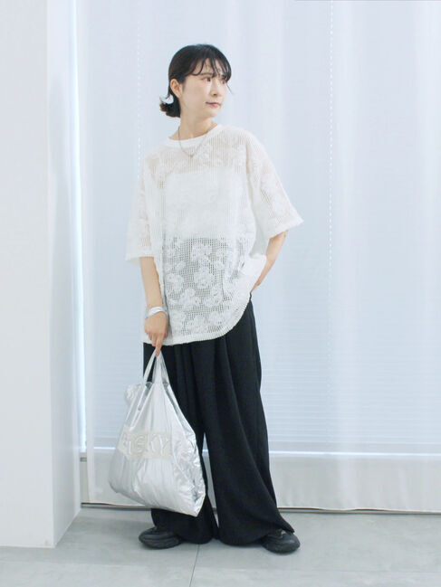 Samansa Mos2 blue「チュールフラワーコードTシャツ」|Tシャツ・カットソー|