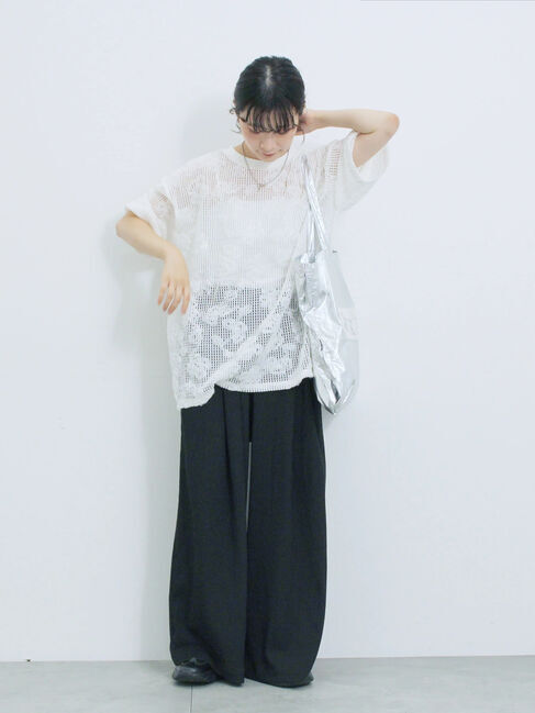 Samansa Mos2 blue「チュールフラワーコードTシャツ」|Tシャツ・カットソー|