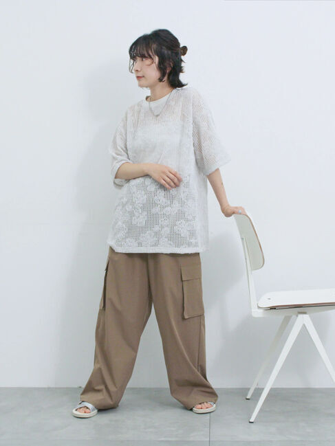 Samansa Mos2 blue「チュールフラワーコードTシャツ」|Tシャツ・カットソー|