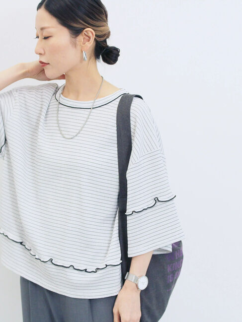 Samansa Mos2 blue「配色メローアソートプルオーバー」|Tシャツ・カットソー|Ｓグレー