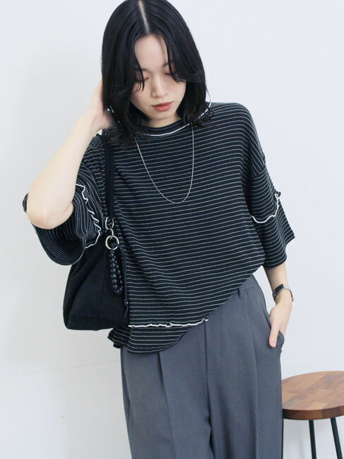 Samansa Mos2 blue「配色メローアソートプルオーバー」|Tシャツ・カットソー|