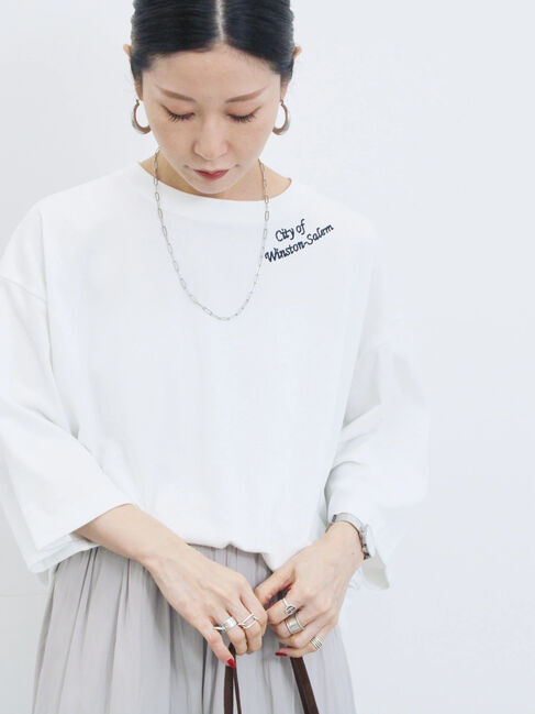 Samansa Mos2 blue「チェーン刺繍7分袖プルオーバー」|Tシャツ・カットソー|