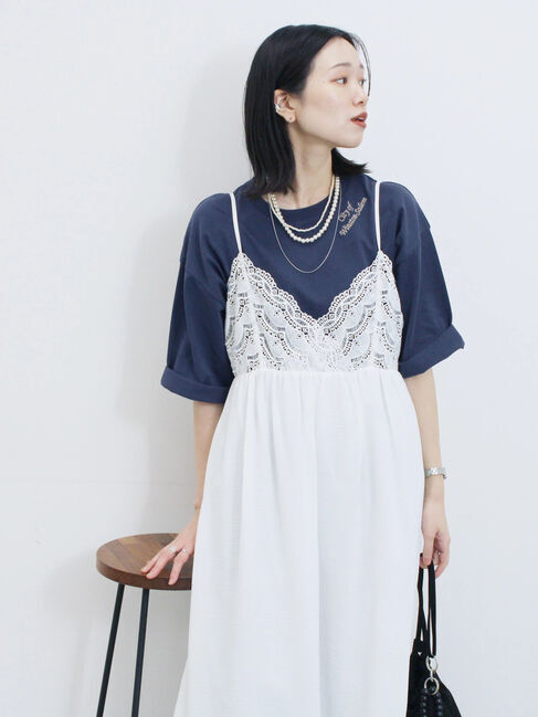 Samansa Mos2 blue「チェーン刺繍7分袖プルオーバー」|Tシャツ・カットソー|ネイビー