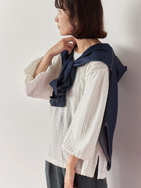 Samansa Mos2 blue「ジャカードボリュームスリーブプルオーバー」|Tシャツ・カットソー|