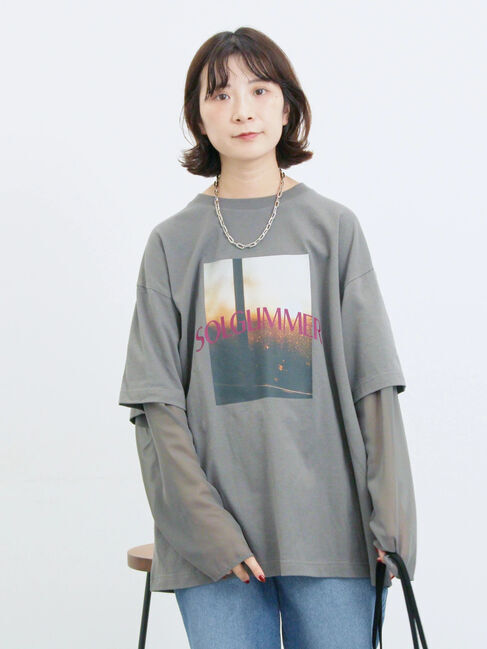Samansa Mos2 blue「袖シフォンレイヤードプルオーバー」|Tシャツ・カットソー|