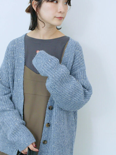 Samansa Mos2 blue「ラメニットVネックカーディガン」|カーディガン|ブルー