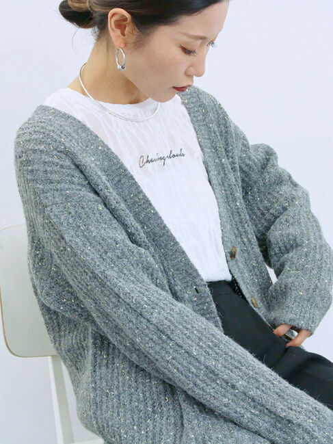 Samansa Mos2 blue「ラメニットVネックカーディガン」|カーディガン|