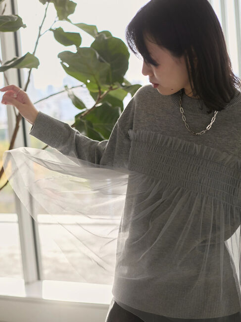 Samansa Mos2 blue「◎チュールドッキングニット」|ニット・セーター|グレー
