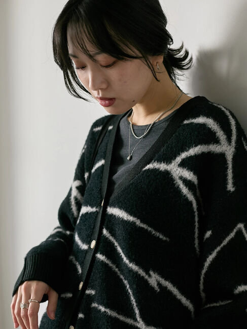 Samansa Mos2 blue「◎ニュアンス柄ニットCD」|カーディガン|