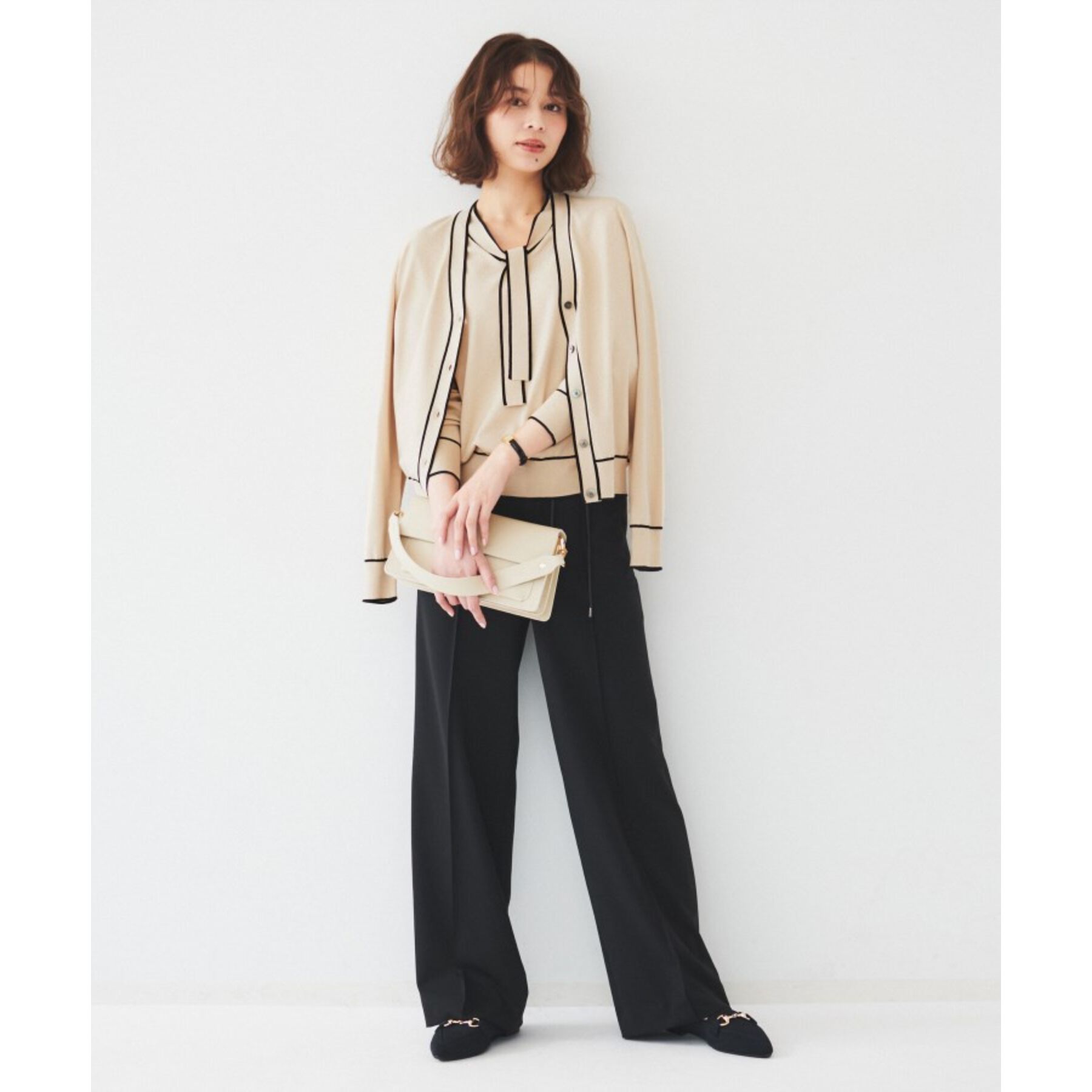 UNTITLED「【アンサンブル可能】ボウタイ 配色プルオーバーニット」|ニット・セーター|