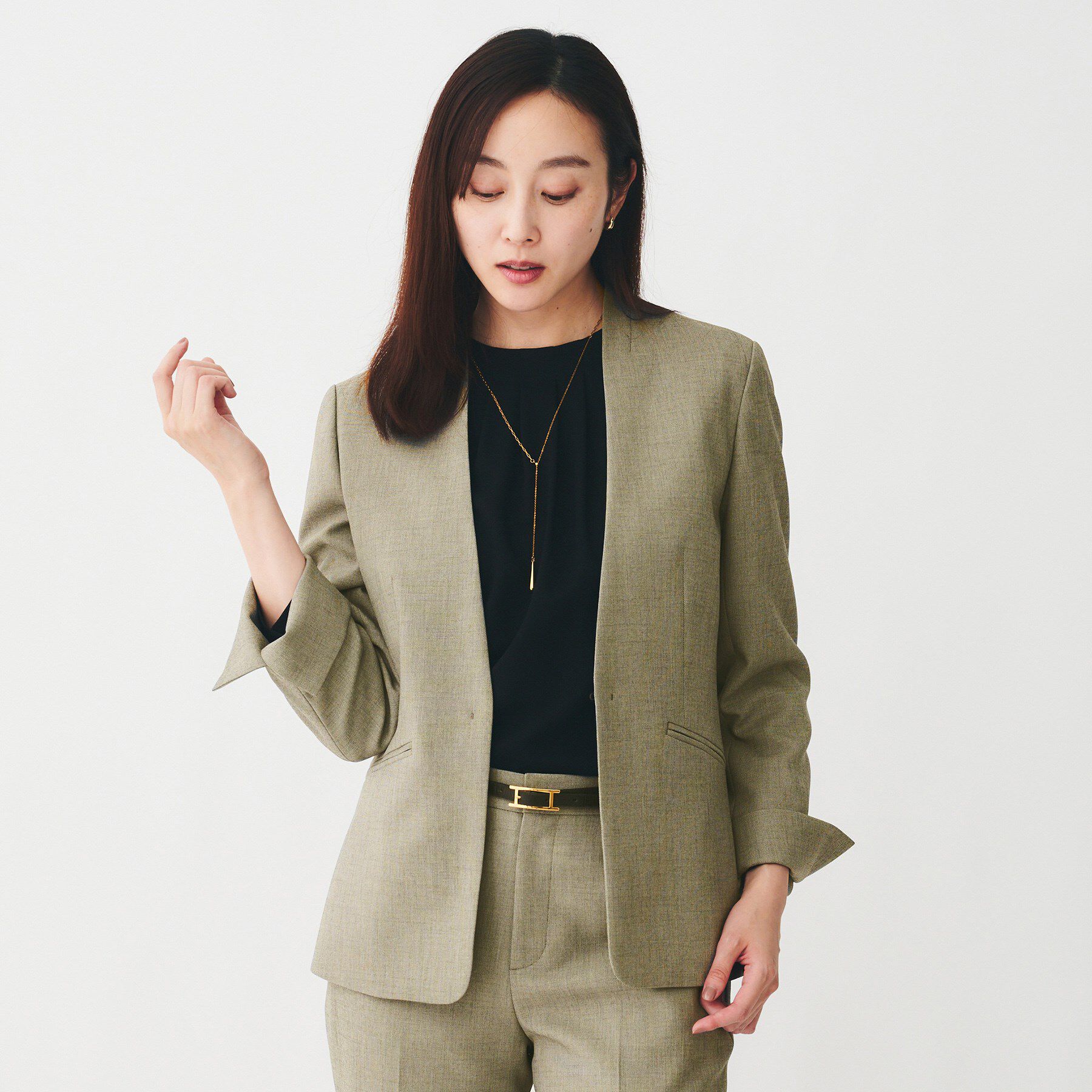 UNTITLED「【洗える/お仕事スーツ】ドライメランジ カラーレスジャケット」|ノーカラージャケット|ベージュ(052)