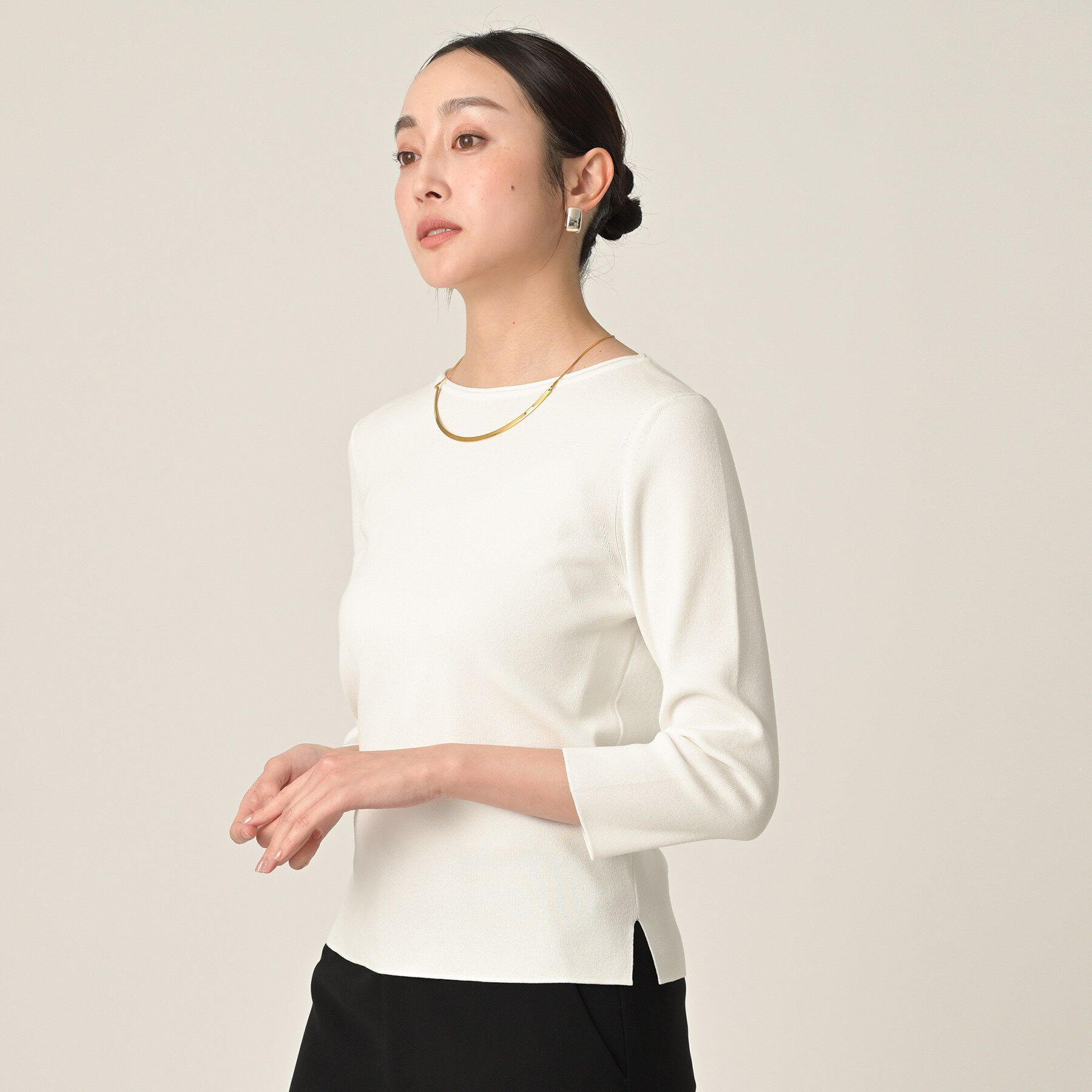 UNTITLED「【洗える/七分袖】ボートネックコットンプルオーバー」|ニット・セーター|