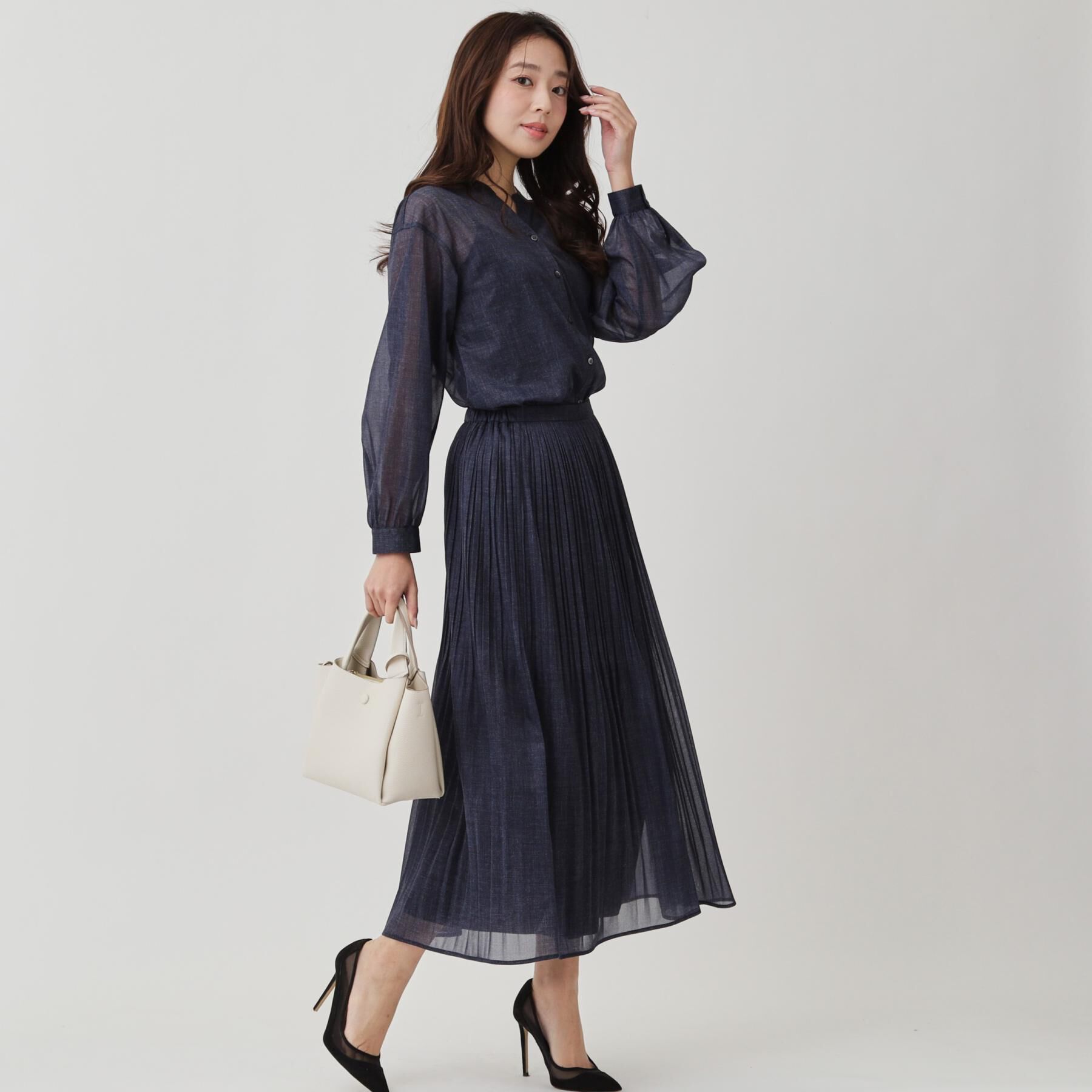 COUP DE CHANCE「【手洗い可／ウエストゴム】デニム柄プリントのプリーツスカート」|スカート|