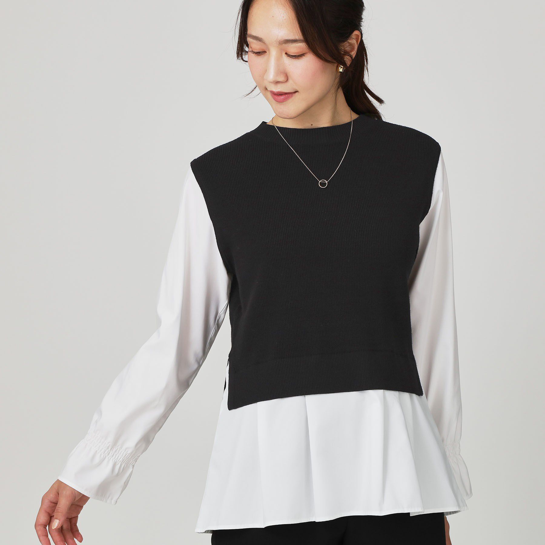 COUP DE CHANCE「【手洗い可】重ね着風ニットトップス」|ニット・セーター|ブラック(419)