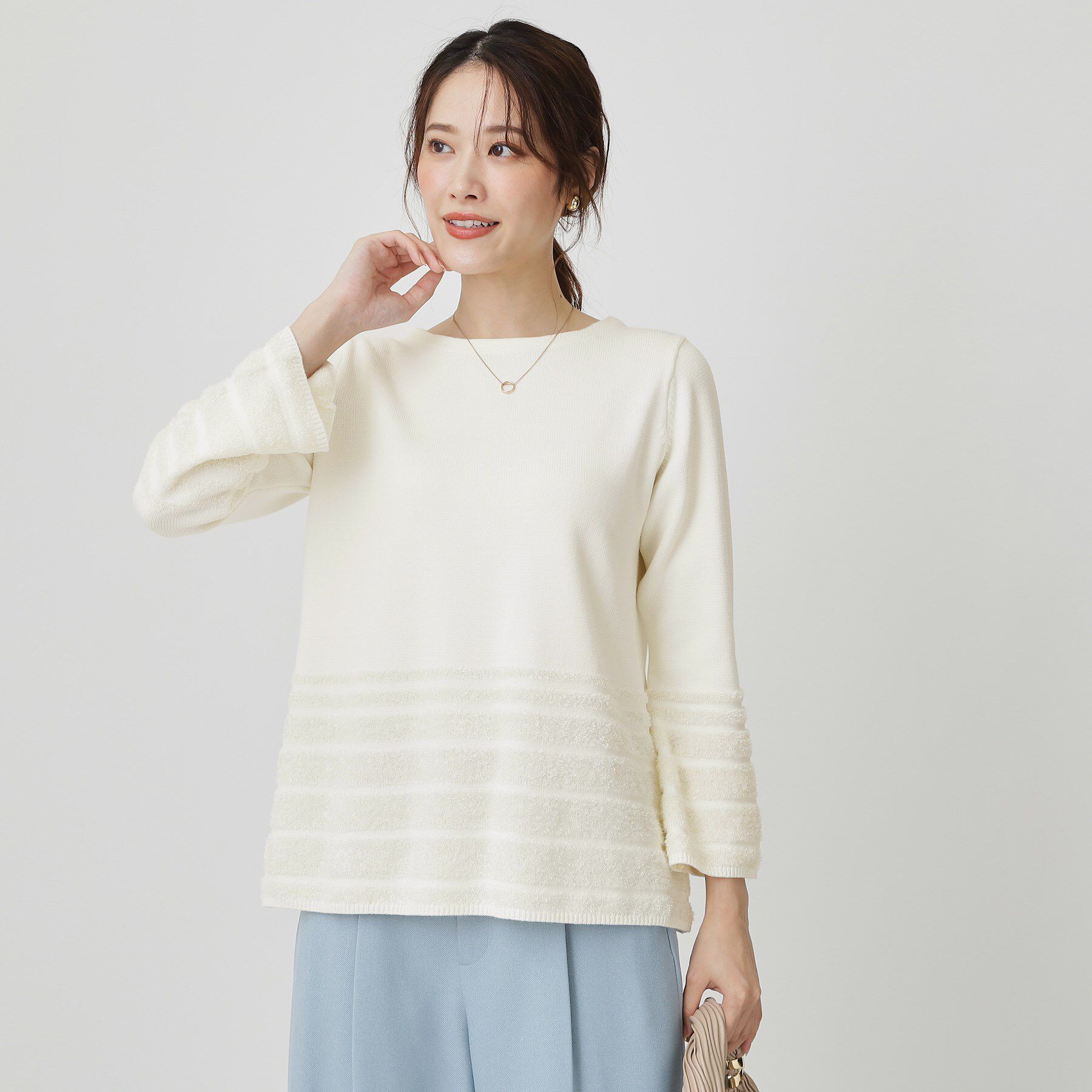 COUP DE CHANCE「【手洗い可】ラメフェザーデザイン ニットトップス」|ニット・セーター|オフホワイト(003