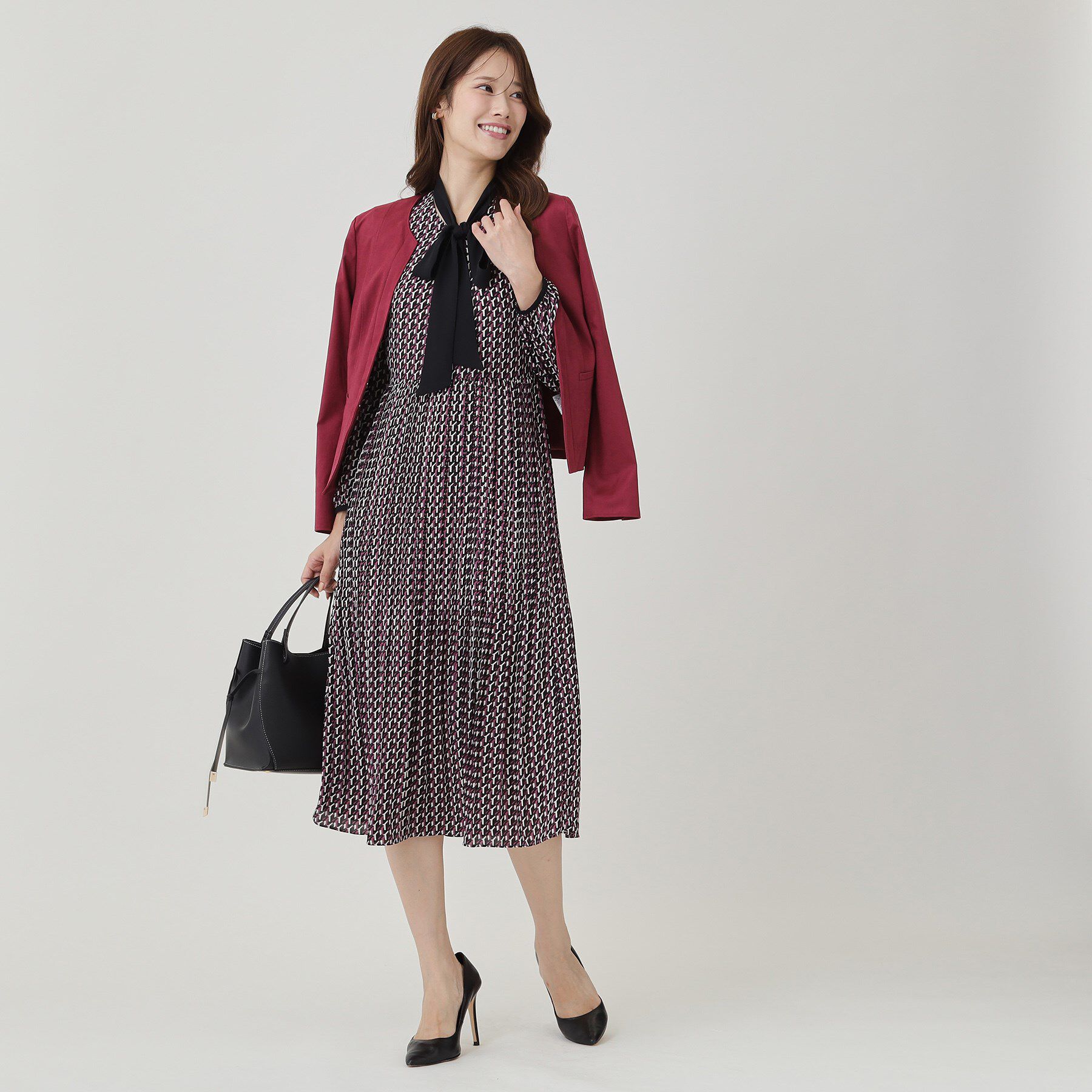 COUP DE CHANCE「【ボウ取外し可】幾何柄プリーツワンピース」|ワンピース|