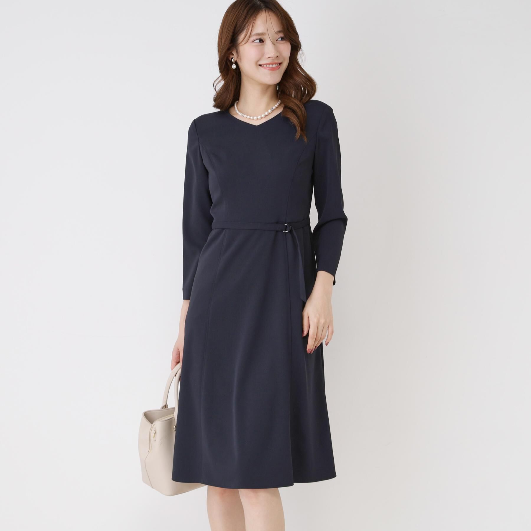 COUP DE CHANCE「【手洗い可／日本製／伸縮性／セットアップ可】共地ベルト付フレアーワンピース」|ワンピース|ネイビー(094)