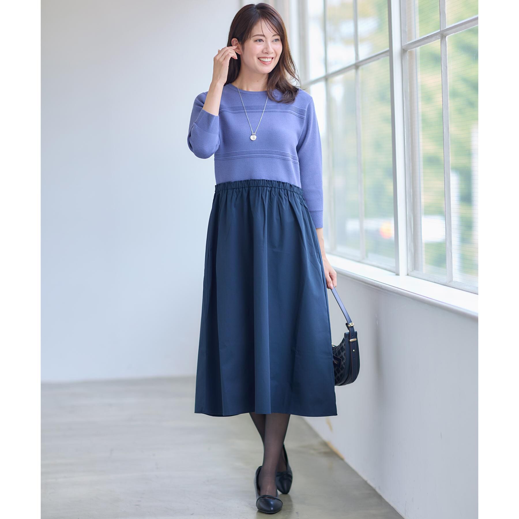 Reflect「【一枚で着映える◎／セットアップ可】ニット&times;タフタドッキングワンピース」|ワンピース|