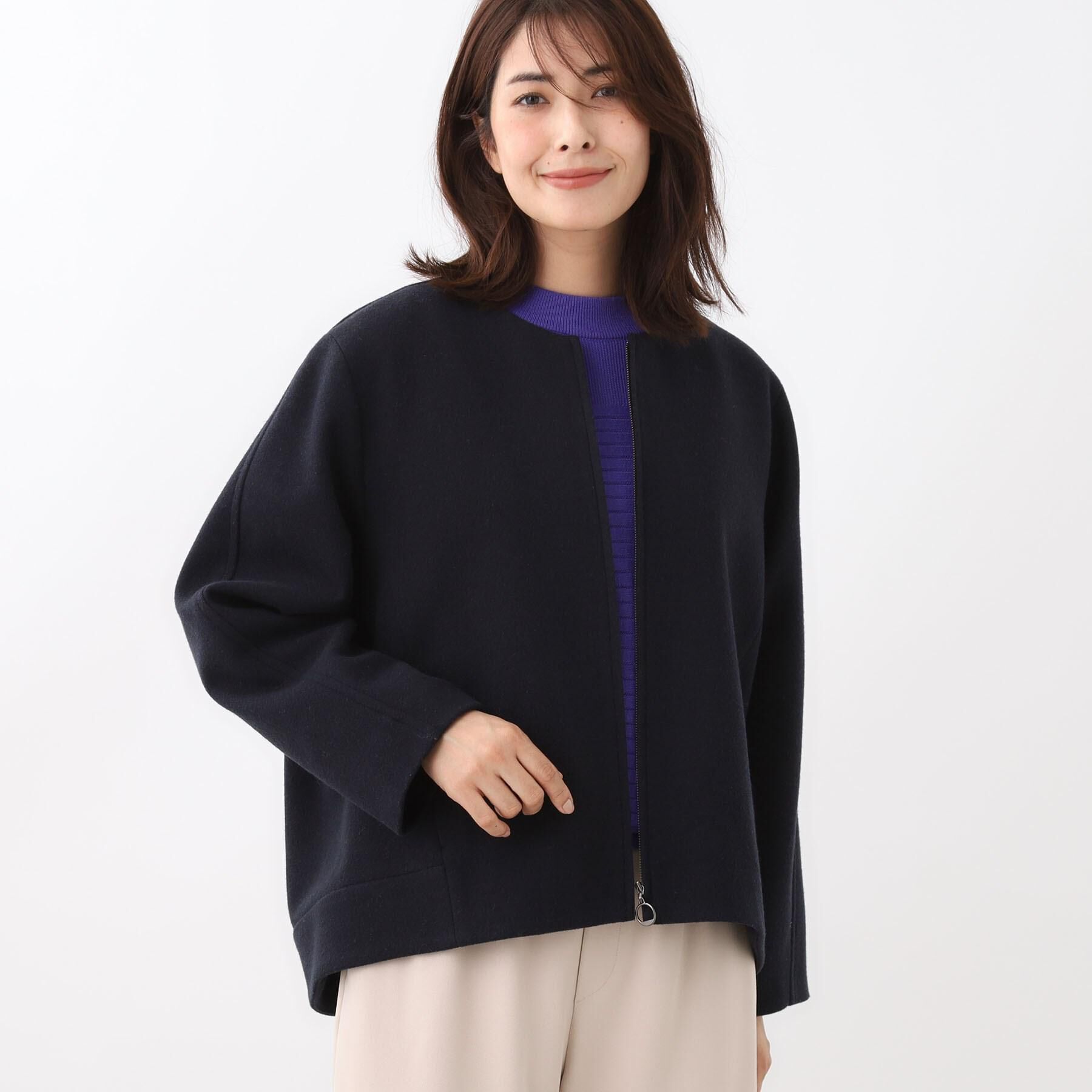 Reflect「【ゆったりシルエット】ジャージメルトンコクーンジャケット」|ノーカラーコート|ネイビー(094)