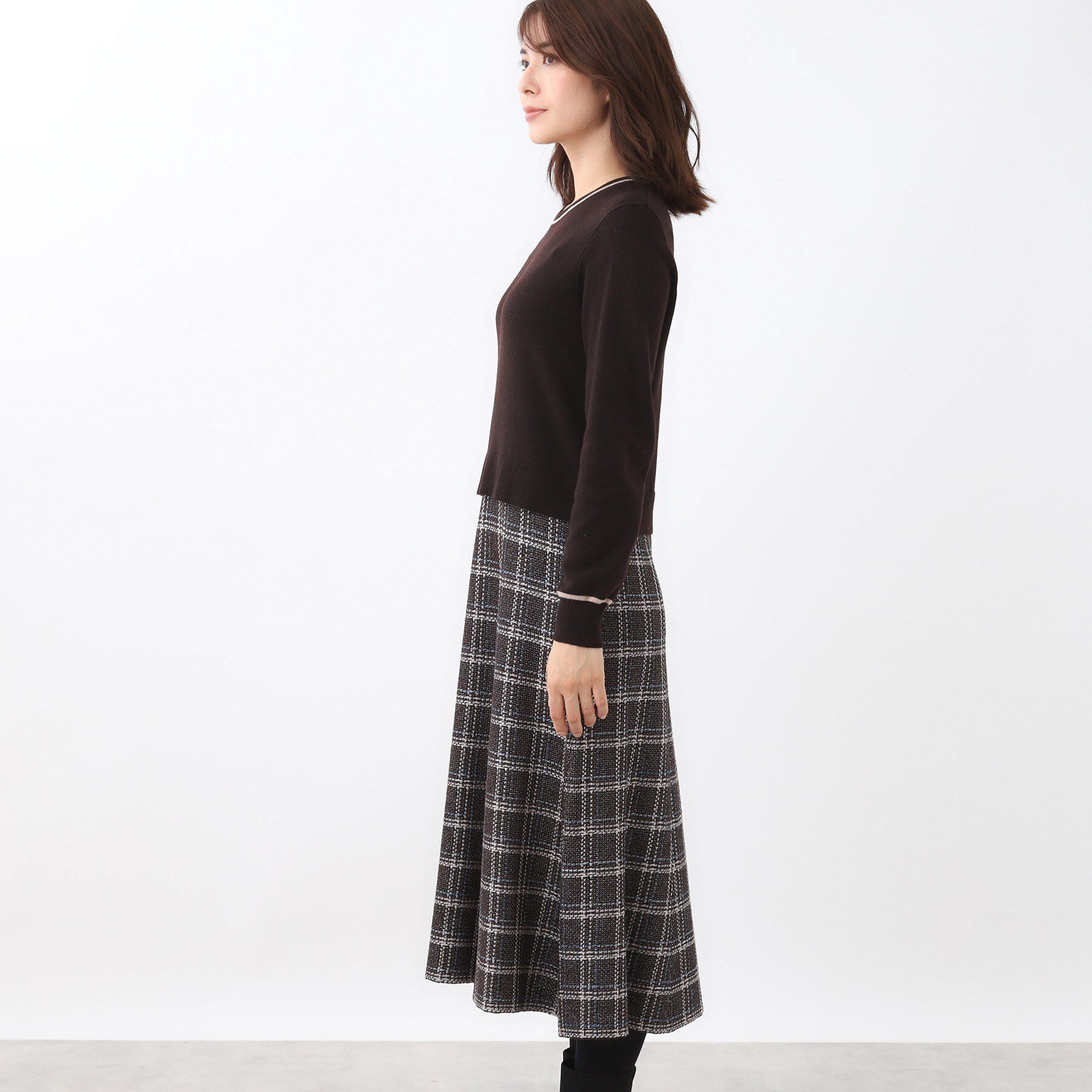 Reflect「【コートインでもすっきり◎】チェック柄ニットドッキングワンピース」|ワンピース|