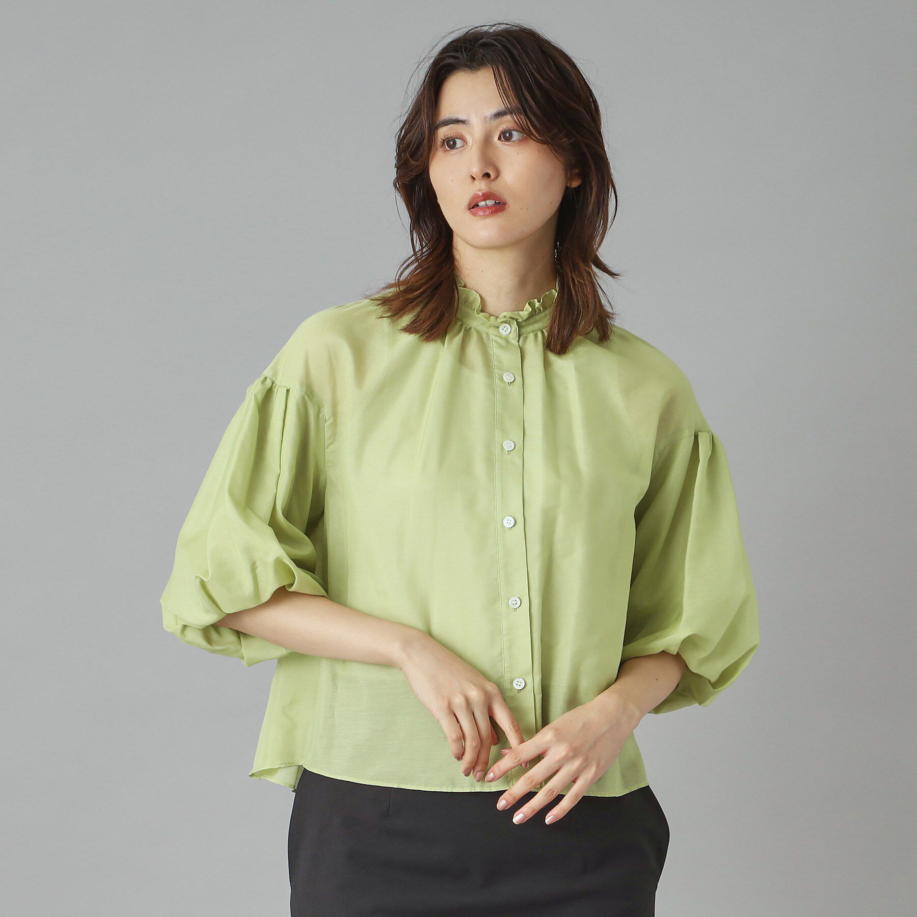 DRESSTERIOR「【洗える】スタンドフリルボリュームスリーブブラウス」|シャツ・ブラウス|ミントグリーン(02
