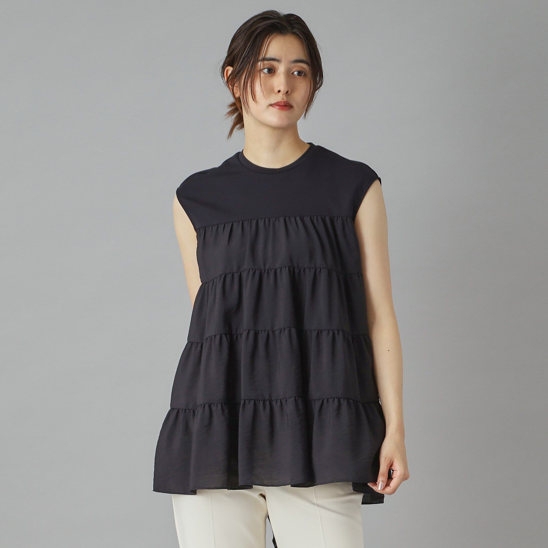 DRESSTERIOR「【接触冷感/イージーケア】ティアードコンビカットソー」|Tシャツ・カットソー|ネイビー(094)