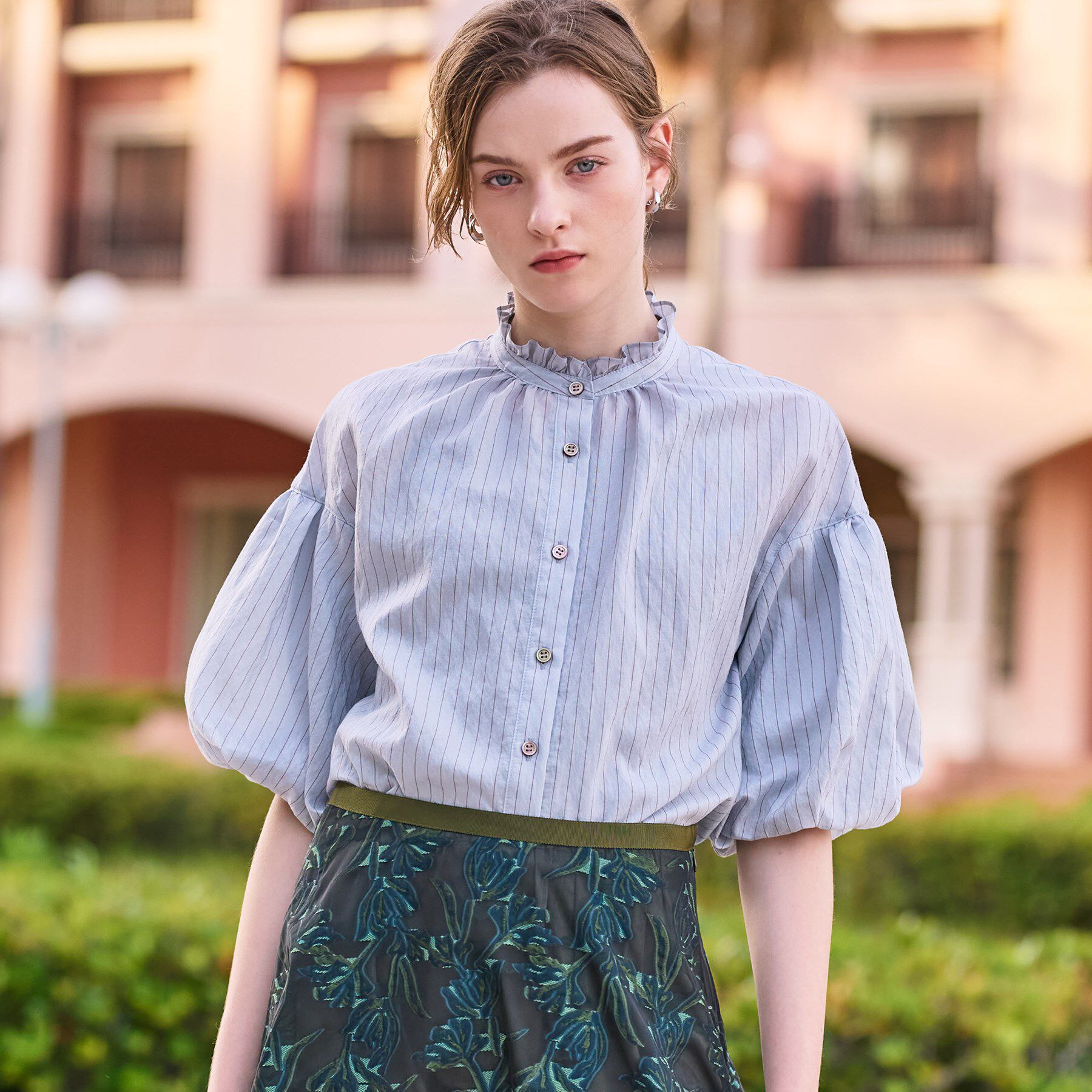 DRESSTERIOR「【洗える/前開き】ボリュームスリーブストライプブラウス」|シャツ・ブラウス|