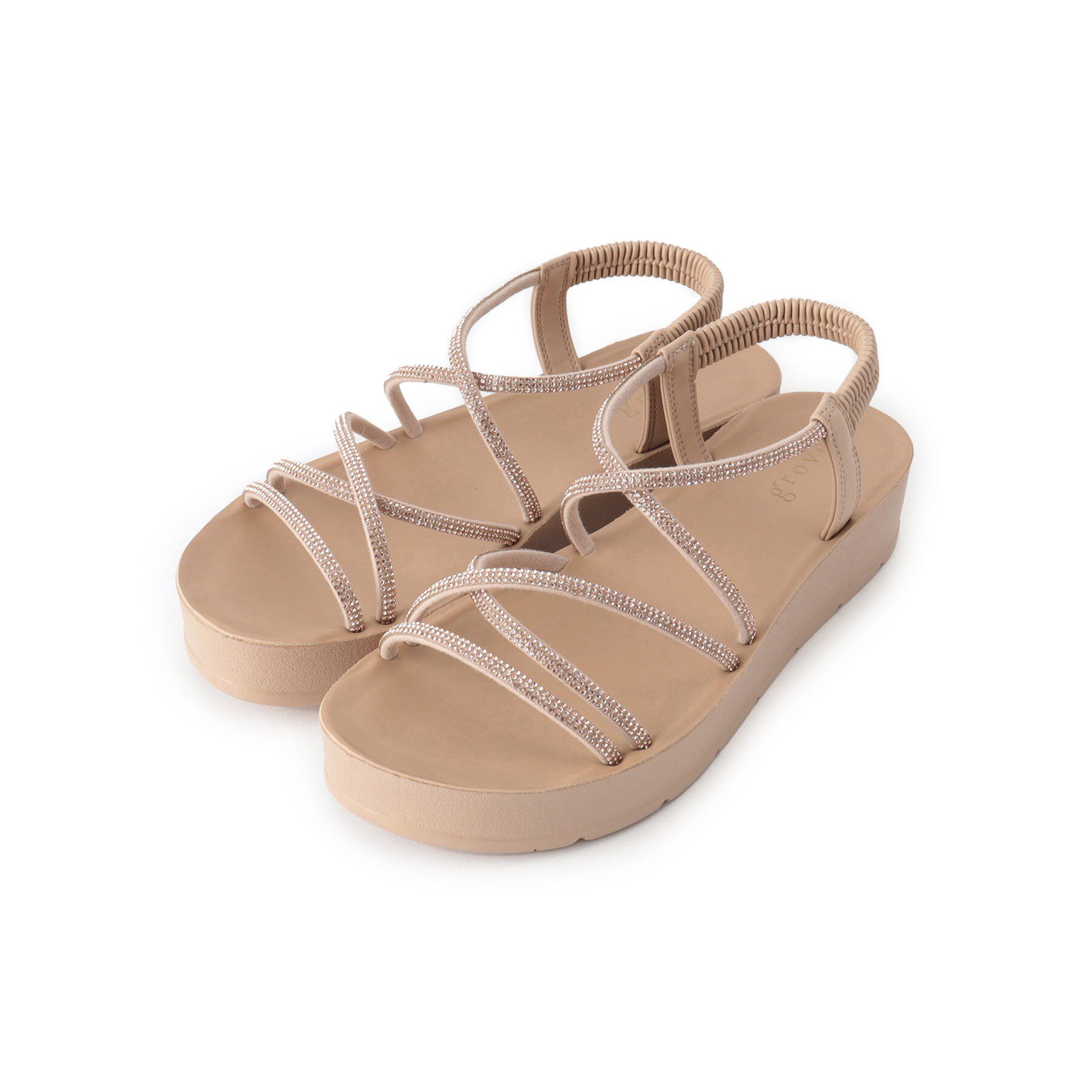 grove「【新色追加・人間工学】ワンタッチラインストーンストラップ厚底サンダル」|サンダル|ライトベージュ(05