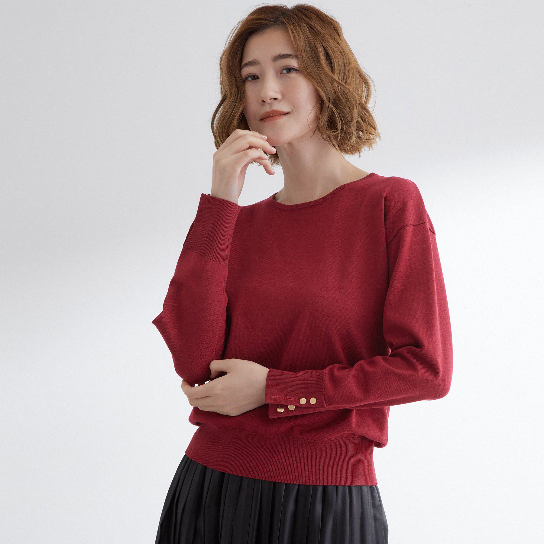 grove「ON/OFF毎日使える！袖口ボタンドロップショルダーニット」|ニット・セーター|ボルドー(064)