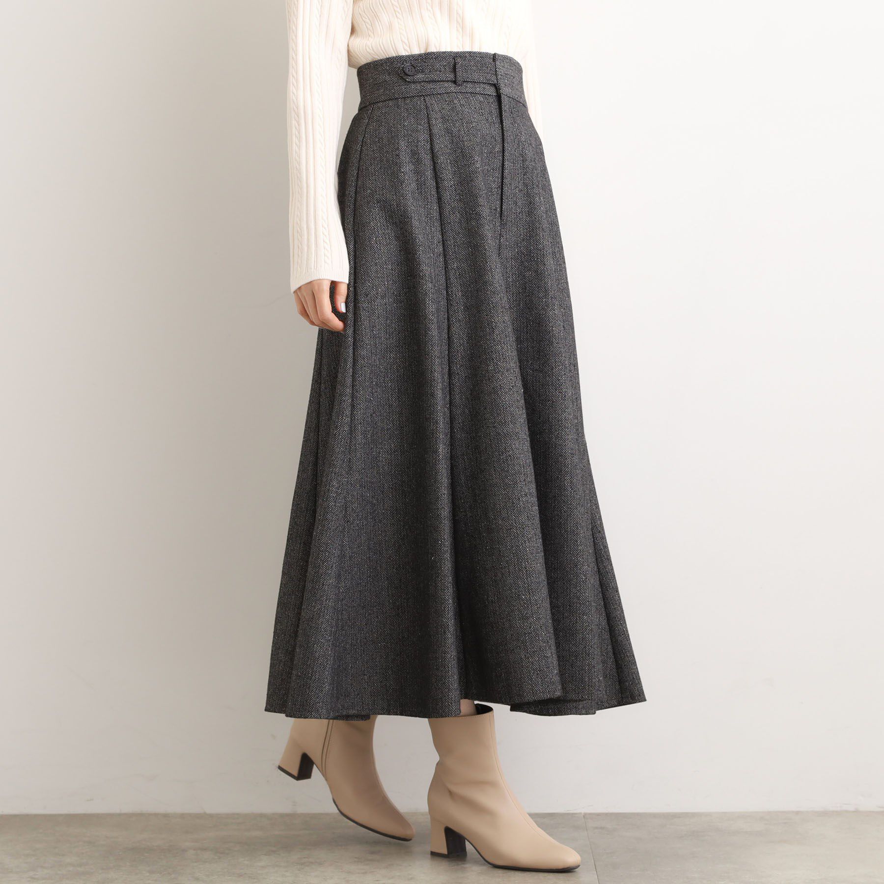 grove「へリンボンツイードフレアマキシスカート」|スカート|チャコールグレー(0