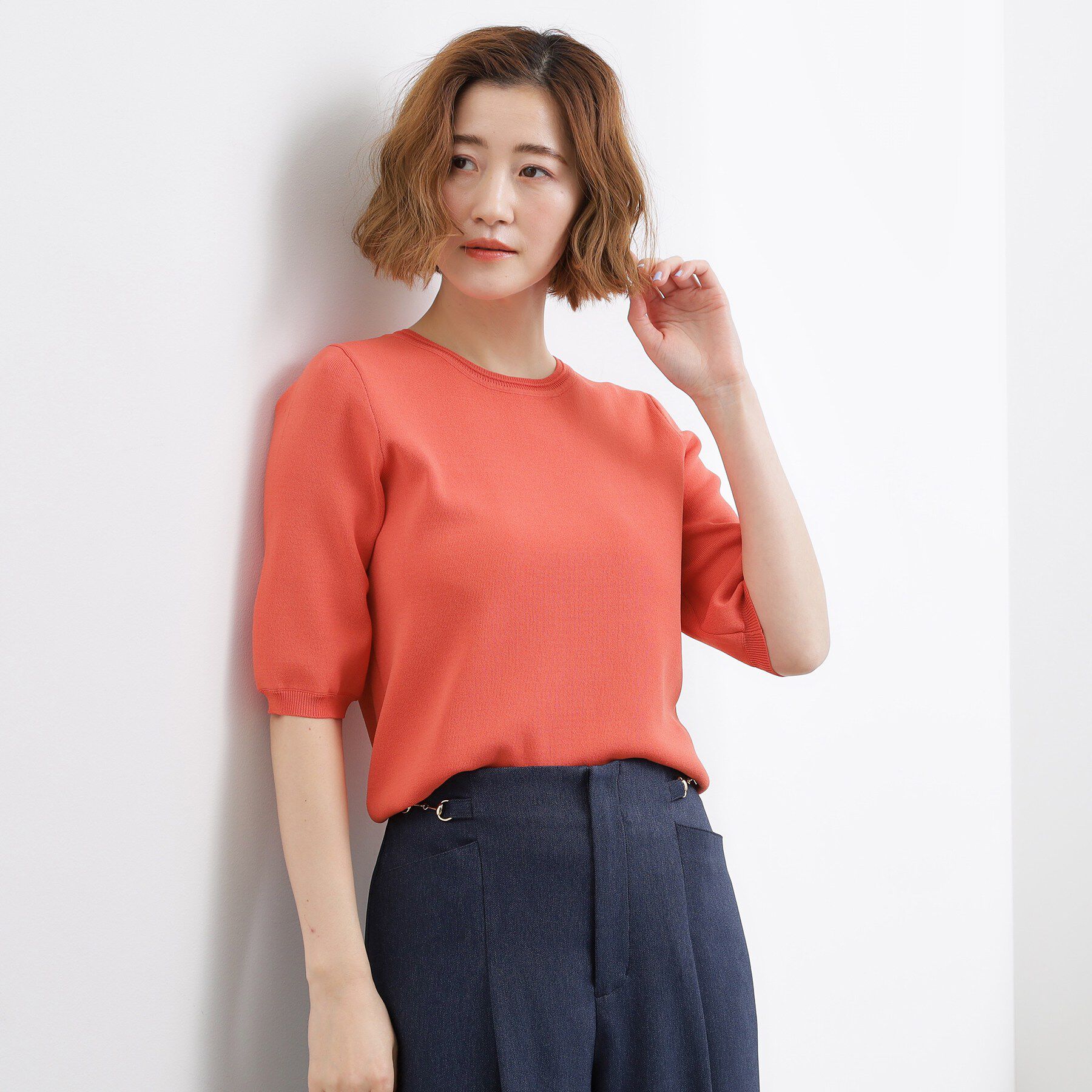 grove「【貴島明日香さん着用・シリーズ累計34万枚】やわらかドライタッチ 五分袖クルーネックニット」|ニット・セーター|