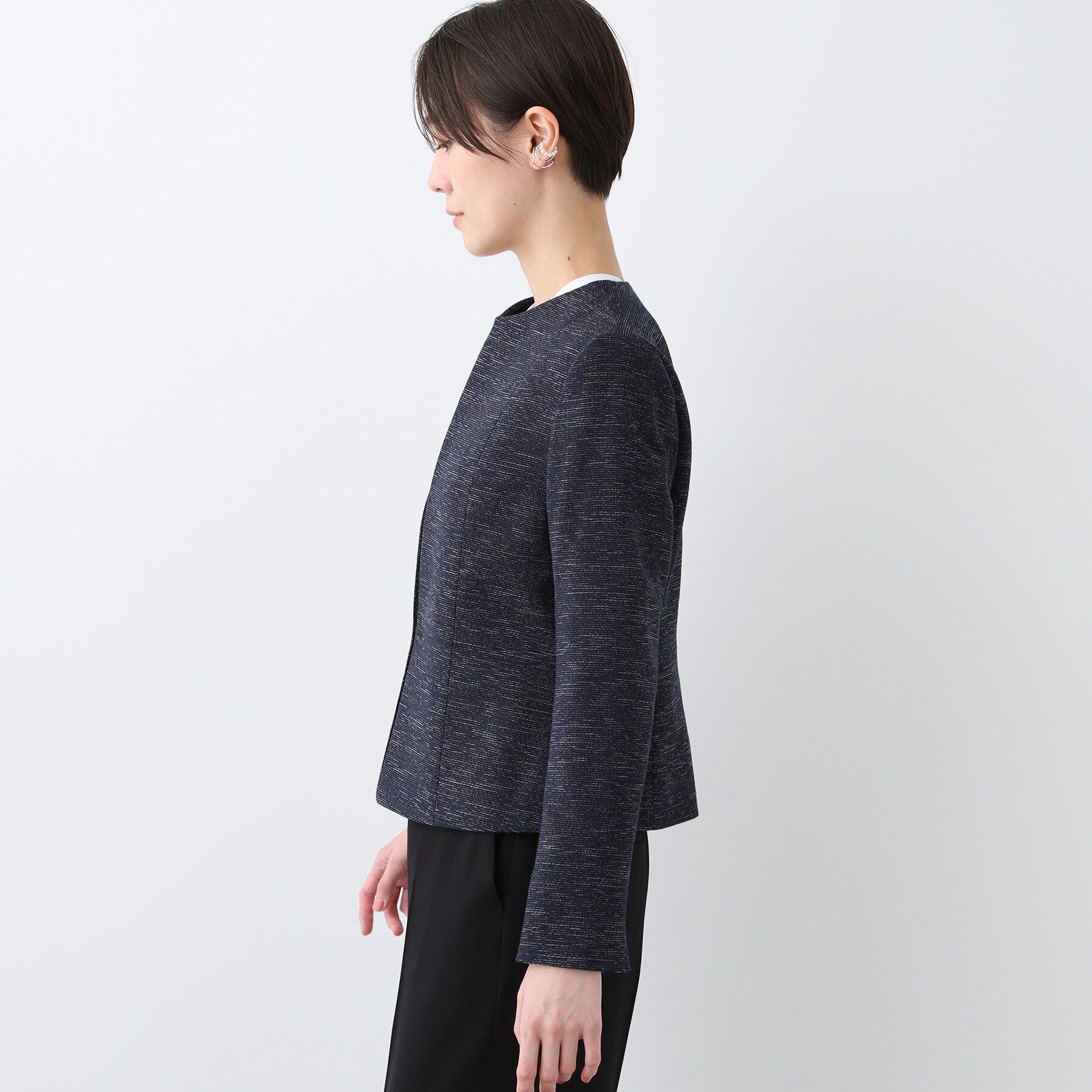 INDIVI「【洗える】ストレッチツィードジャケット」|ノーカラージャケット|