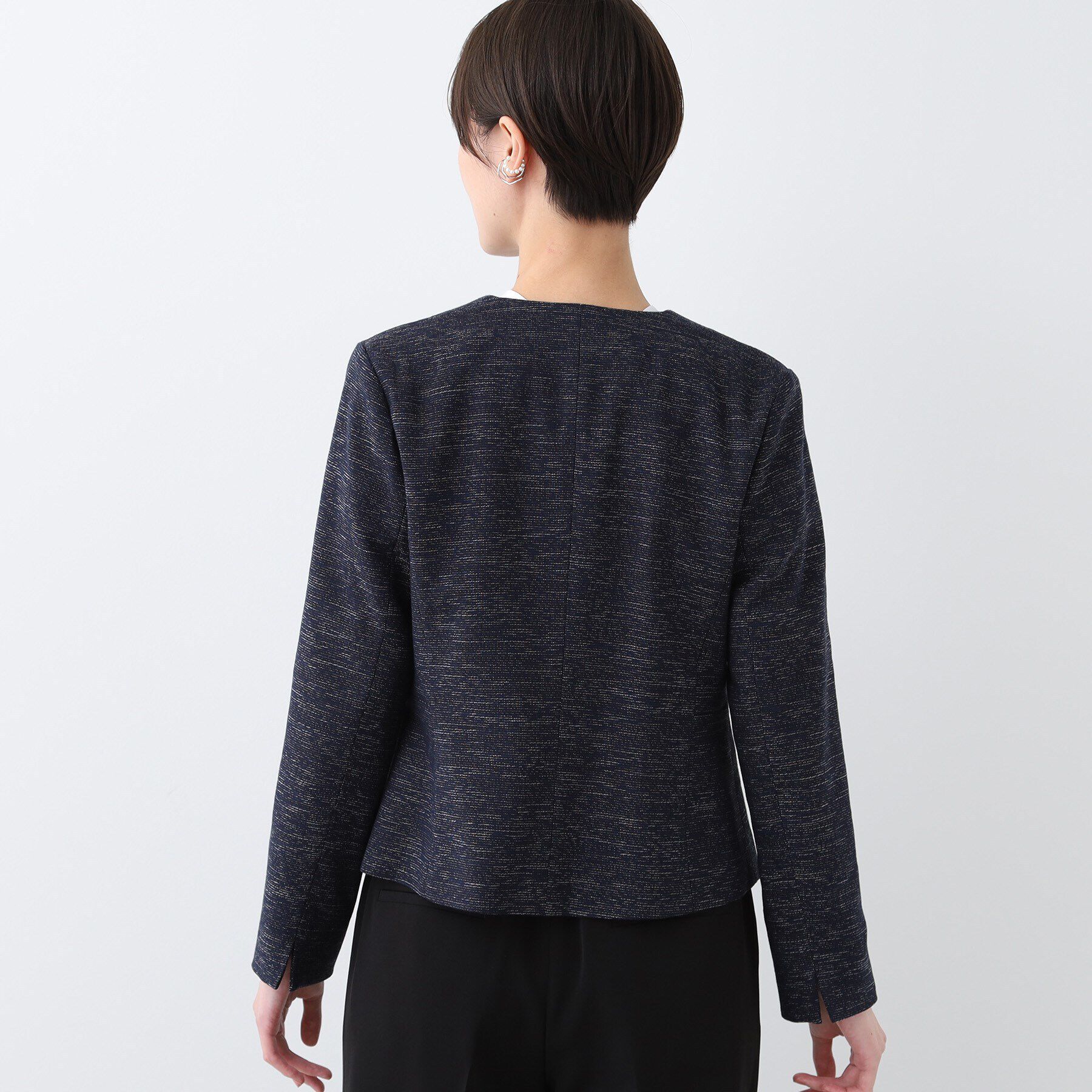 INDIVI「【洗える】ストレッチツィードジャケット」|ノーカラージャケット|