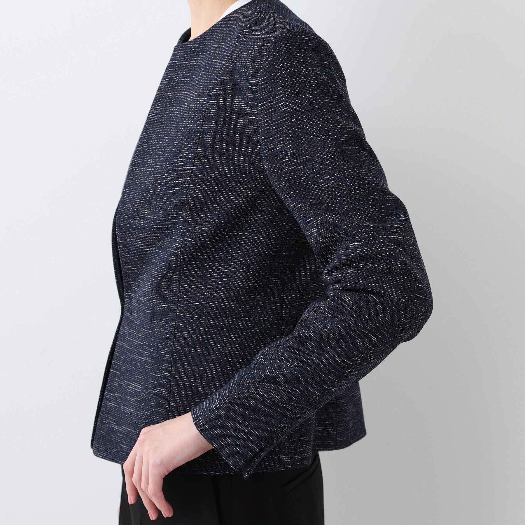 INDIVI「【洗える】ストレッチツィードジャケット」|ノーカラージャケット|