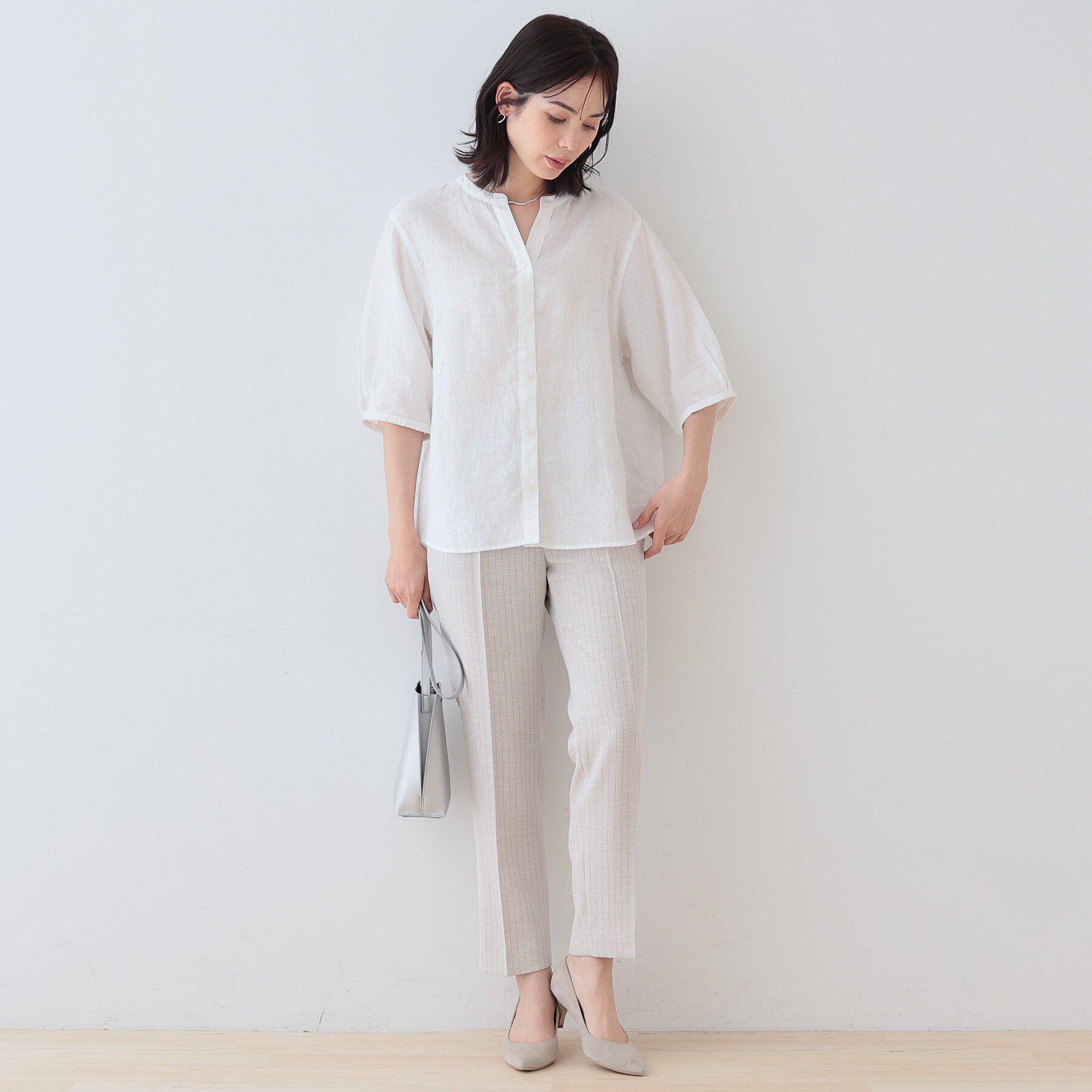 INDIVI「【毎年人気！／フレンチリネン】5分袖バンドカラーブラウス」|シャツ・ブラウス|