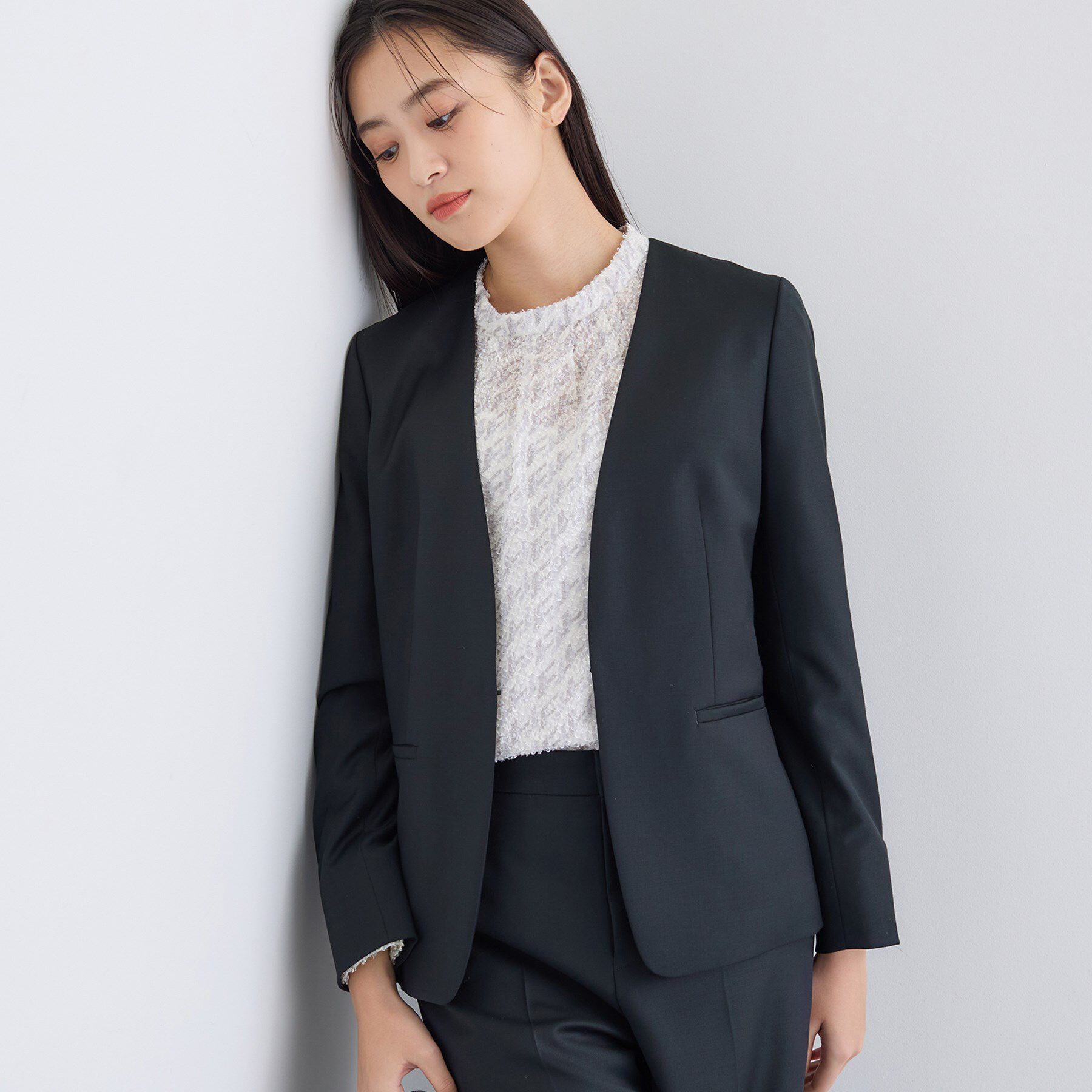 INDIVI「【日本製／スーツ／通勤】シルクウールストレッチ ノーカラージャケット」|スーツ|