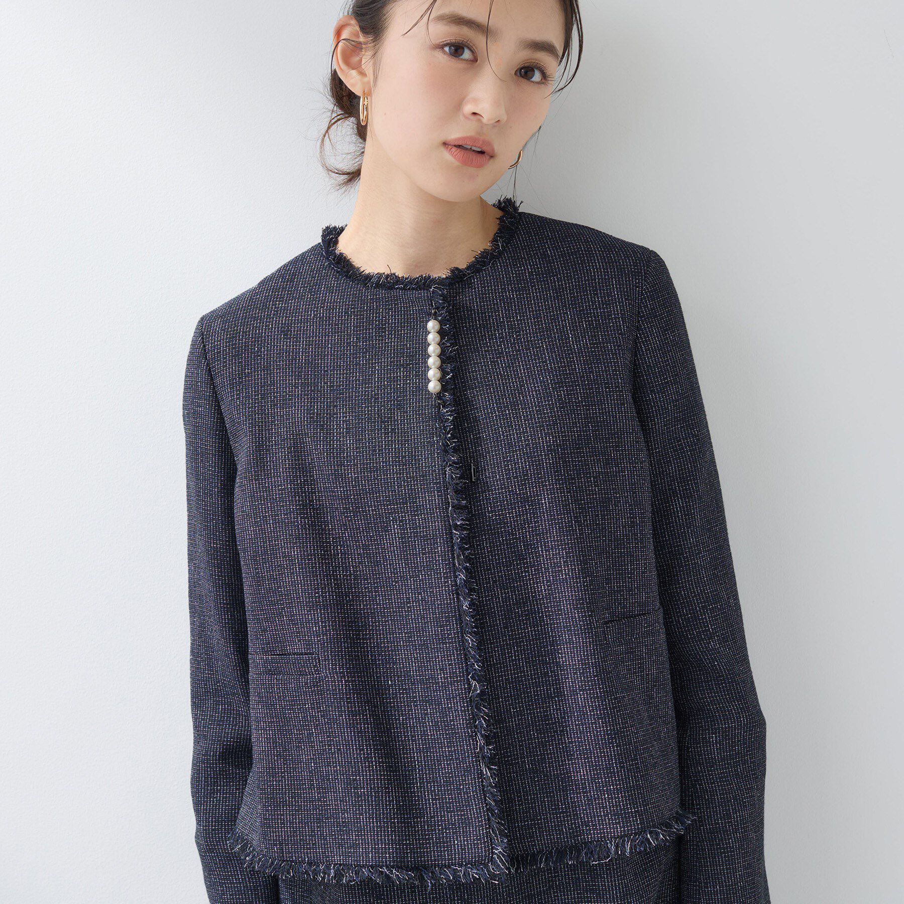 INDIVI「【軽量／SETUP可能】ストレッチツイードジャケット」|ノーカラージャケット|