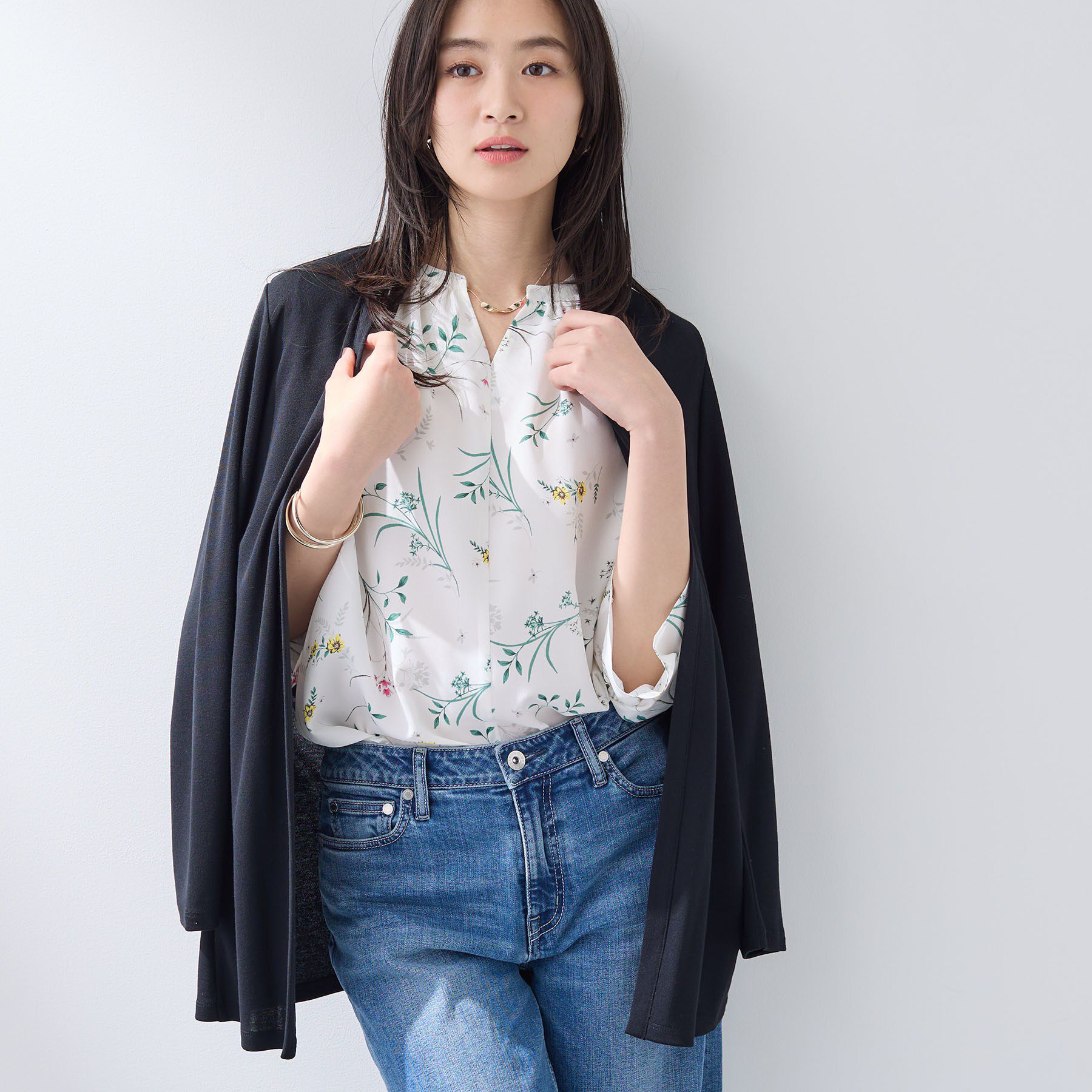 INDIVI「【UVケア】着流しミドル丈カーディガンジャージ」|カーディガン|ブラック(019)