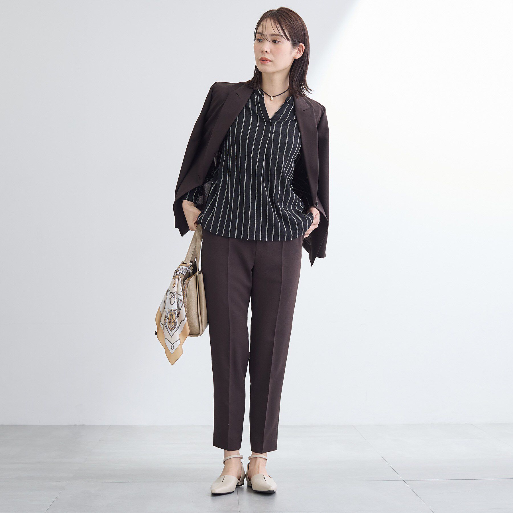 INDIVI「【洗える／着心地楽ちん】ブラウス風ストライプカットソートップス」|Tシャツ・カットソー|