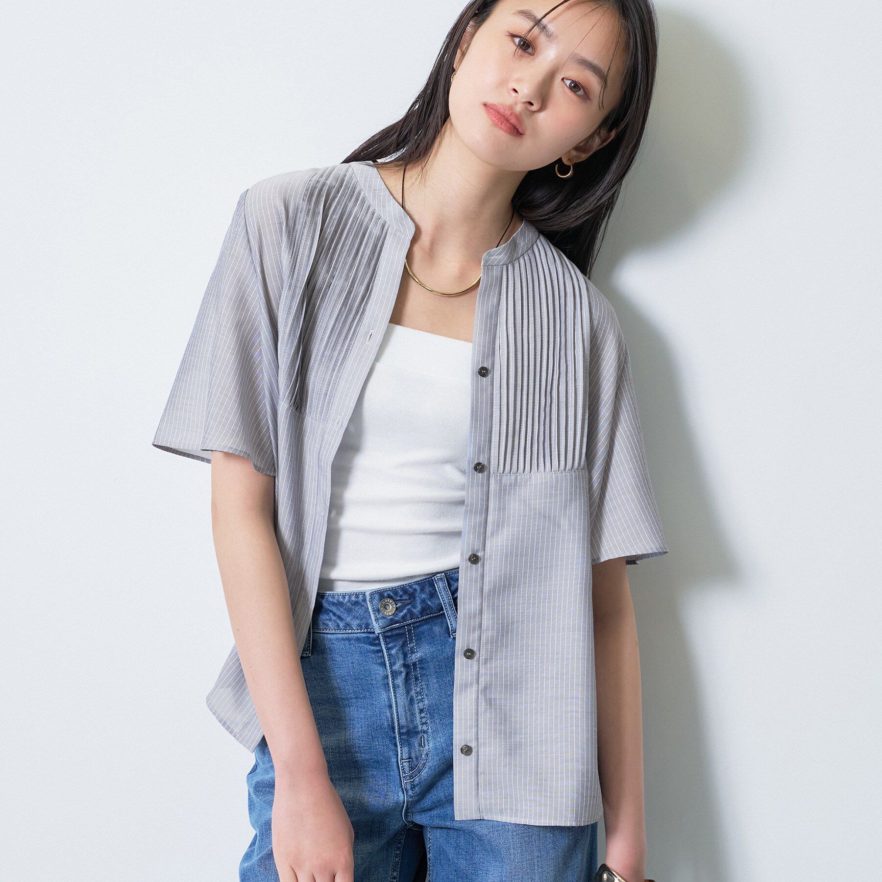 INDIVI「【洗える】シアーシャンブレーピンタックブラウス」|シャツ・ブラウス|