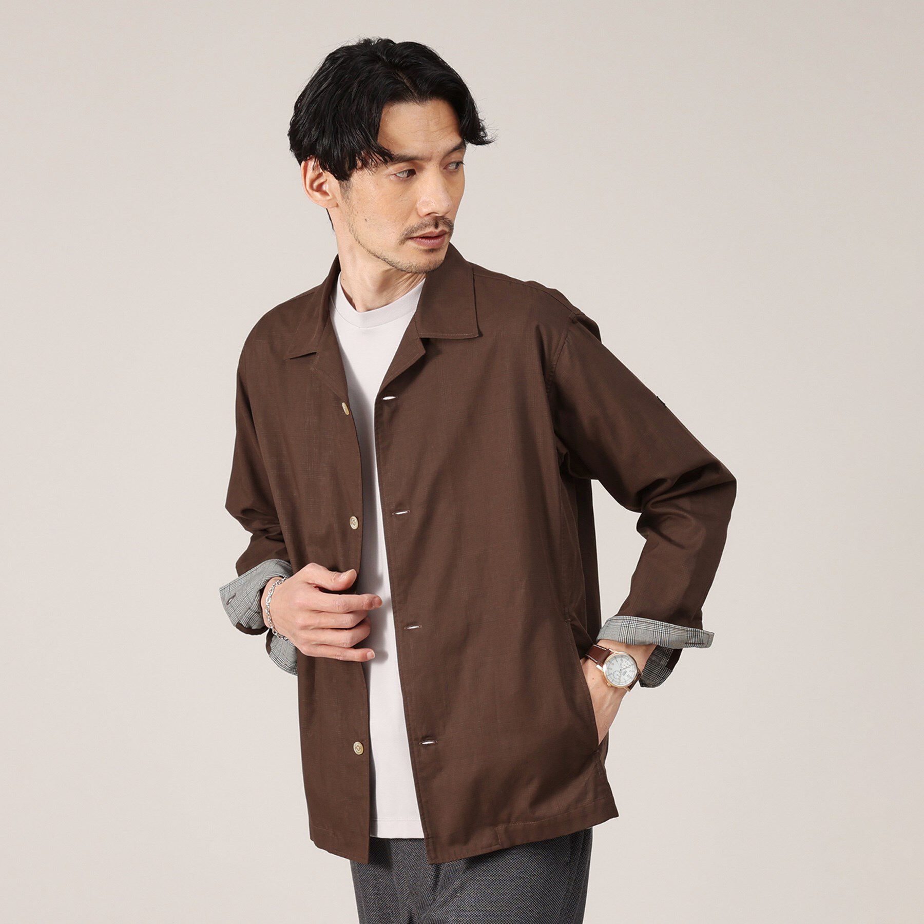 TAKEO KIKUCHI「【羽織】ダブルフェイス シャツ 羽織り」|シャツ・ブラウス|ブラウン(044)