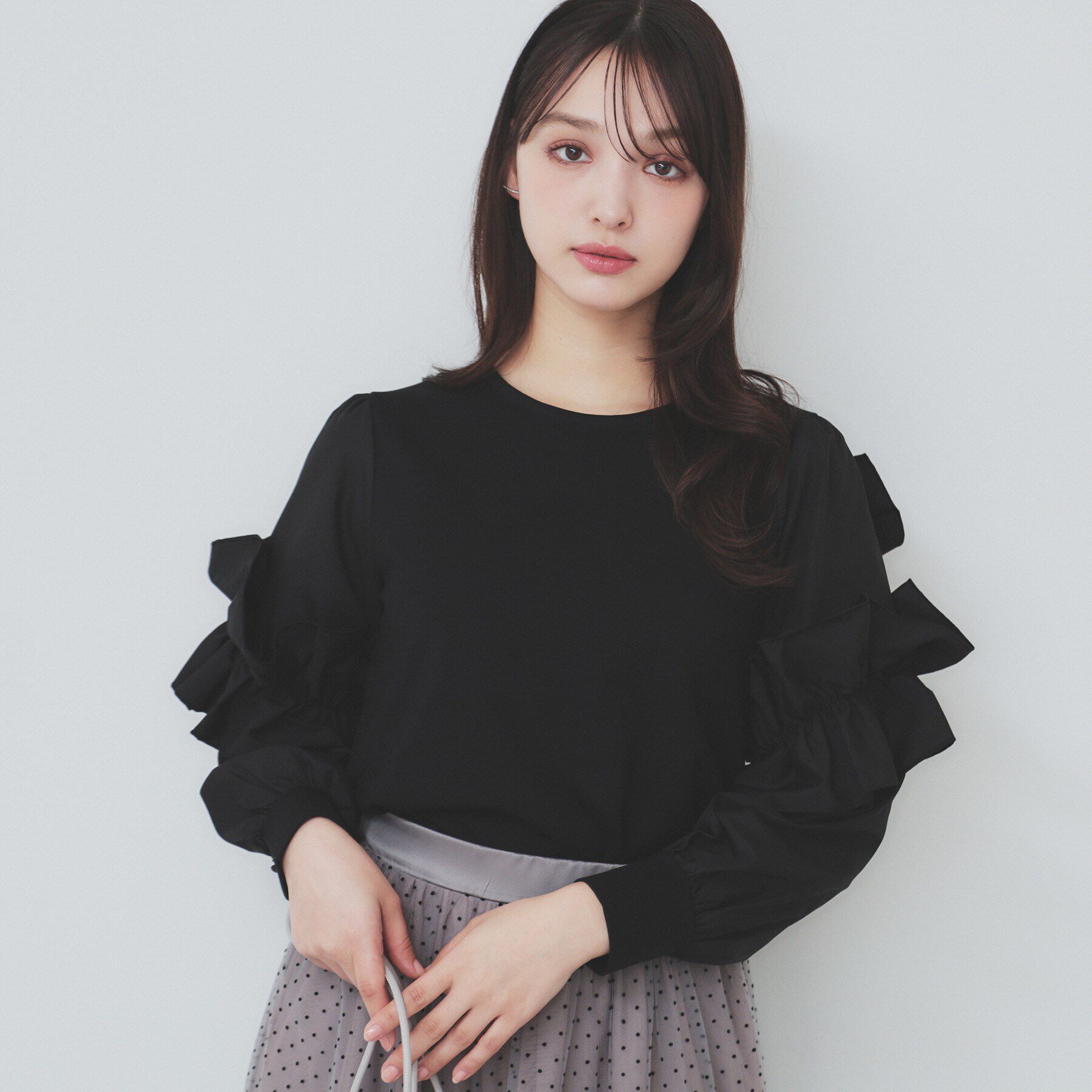 index「フリルスリーブドッキングトップス【洗濯機洗い可】」|Tシャツ・カットソー|ブラック(019)